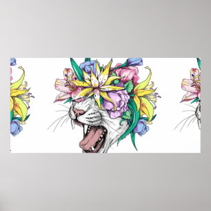 Niedlicher Cartoon Wildkatze Kopf in einem Blumenk Poster