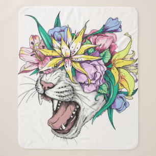 Niedlicher Cartoon Wildkatze Kopf in einem Blumenk Sherpadecke