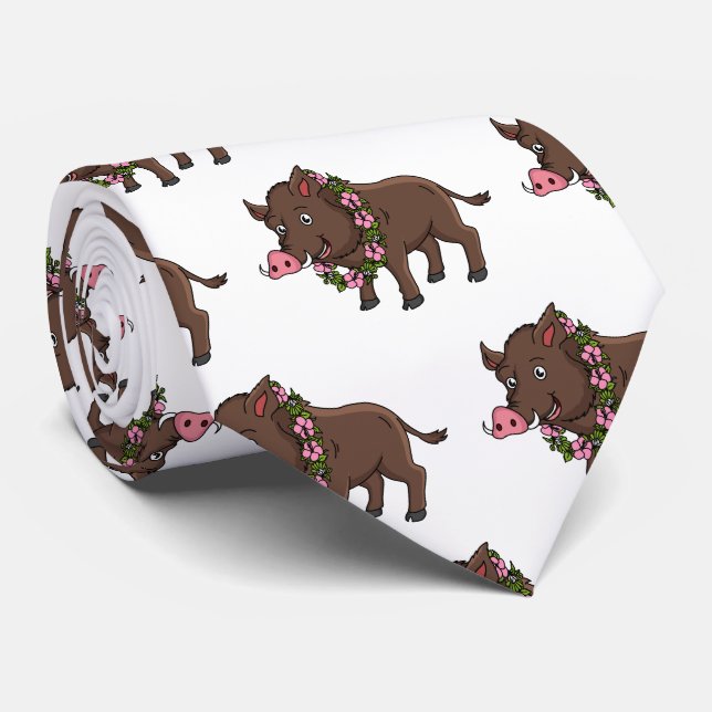 Niedlicher Cartoon Wildschweine und Blume Krawatte (Gerollt)