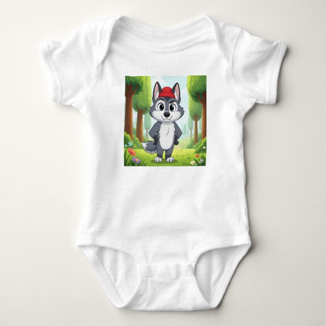 "Niedlicher Cartoon Wolf Baby Bodysuit - Wald Baby Strampler (Vorderseite)
