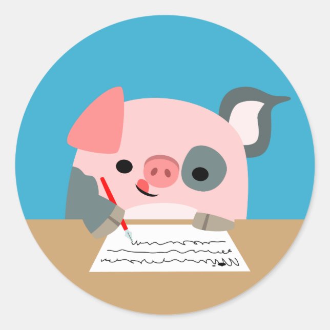 Niedlicher Cartoon zum Schreiben von Schweineklebe Runder Aufkleber (Vorderseite)