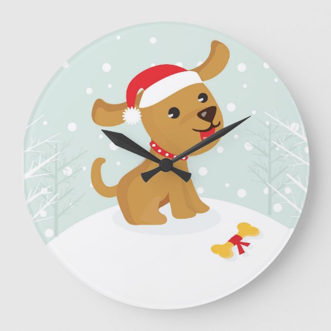 Niedlicher Cartoone Weihnachtswelpe Große Wanduhr (Vorderseite)
