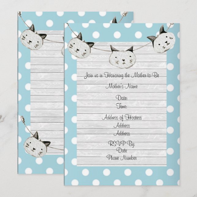Niedlicher Cat Baby Boy Blue Polka Dot Rustikale D Einladung (Vorne/Hinten)