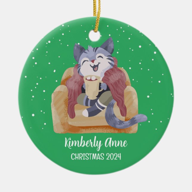 Niedlicher Cat Christmas Kitty Snowy Winterurlaub Keramik Ornament (Vorne)