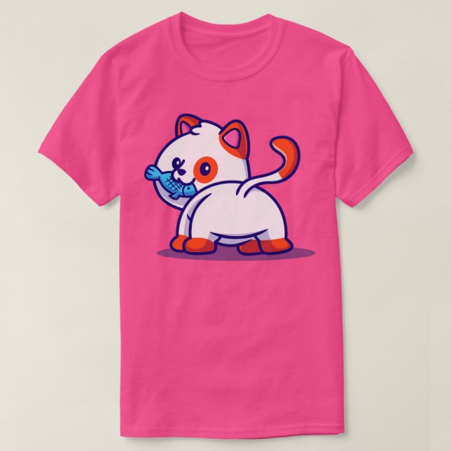 Niedlicher Cat Eating Fish Fish Cartoon1 T-Shirt (Design vorne)