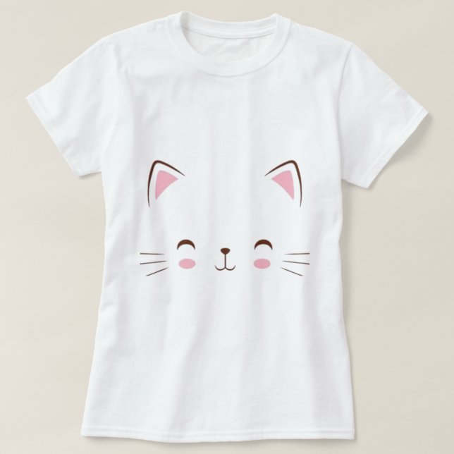 Niedlicher Cat Face Weißer T - Shirt - Lässige Mod (Design vorne)