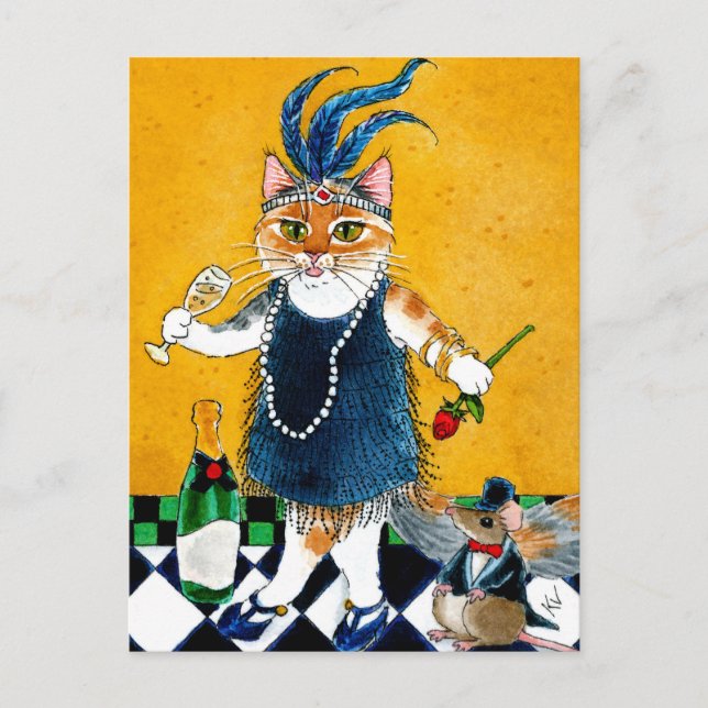 Niedlicher Cat Flapper Art Deco Tänzer der 20er Ja Postkarte (Vorderseite)