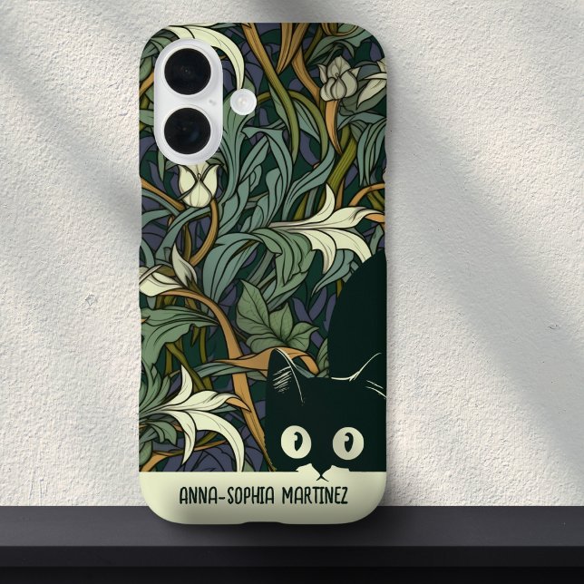 Niedlicher Cat Floral Art Nouveau Green Blue Indiv iPhone 16 Hülle (Von Creator hochgeladen)