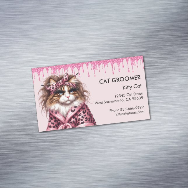 Niedlicher Cat Groomer Sitter Rosa Glitzer Drift Magnetische Visitenkarte (Beispiel)