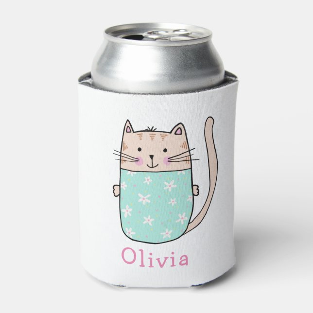Niedlicher Cat Personalisierter Individuelle Name Dosenkühler (Kanne Vorderseite)