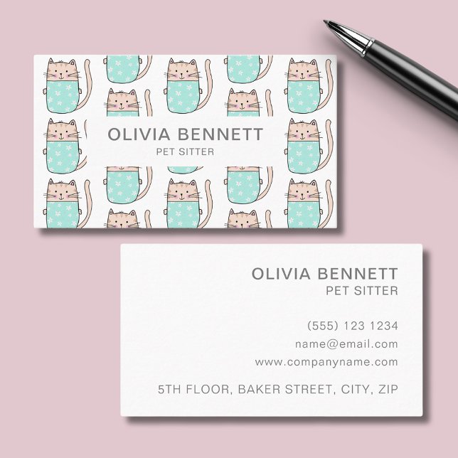 Niedlicher Cat Pet Sitter Visitenkarte (Cat themed pet sitter professional business card.  Easily edit online with your own details.)