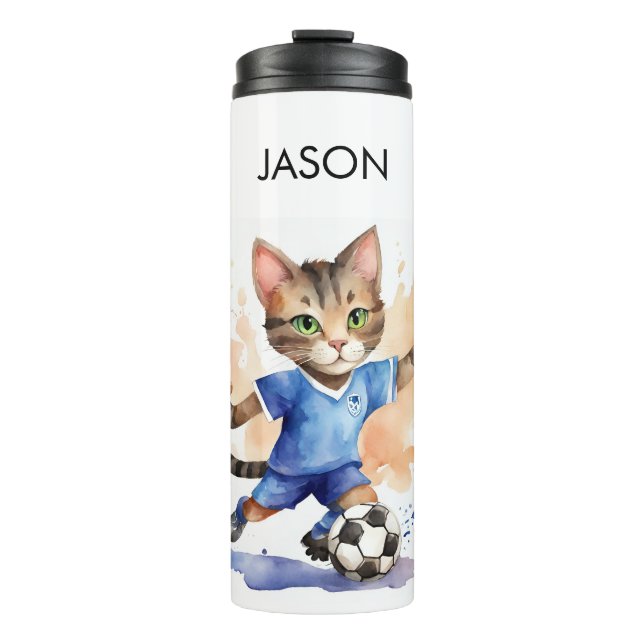 Niedlicher Cat Soccer Themed Drink Tumbler Thermosbecher (Vorderseite)