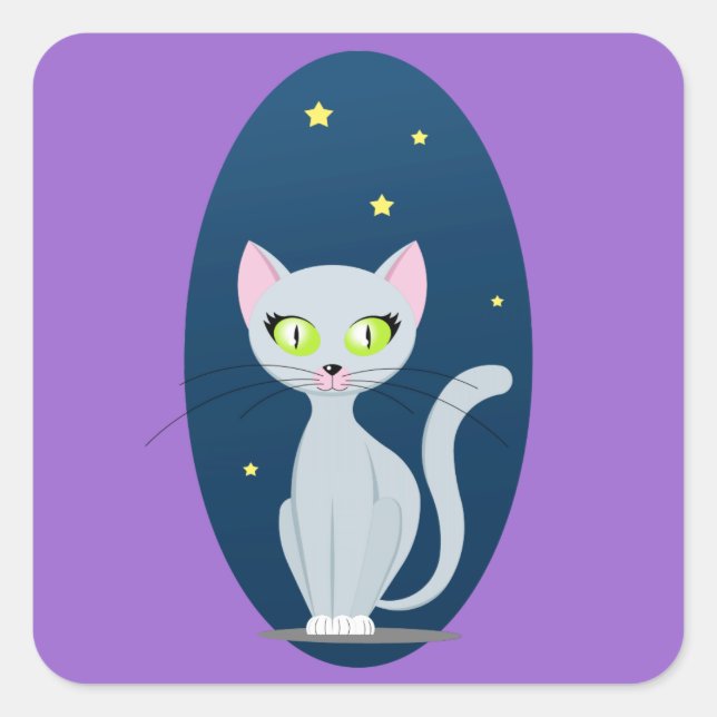 Niedlicher Cat Starry night sky Cartoon mit benutz Quadratischer Aufkleber (Vorderseite)