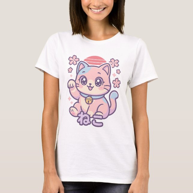Niedlicher Cat T - Shirt | Japanisch Streetwear Ka (Vorderseite)