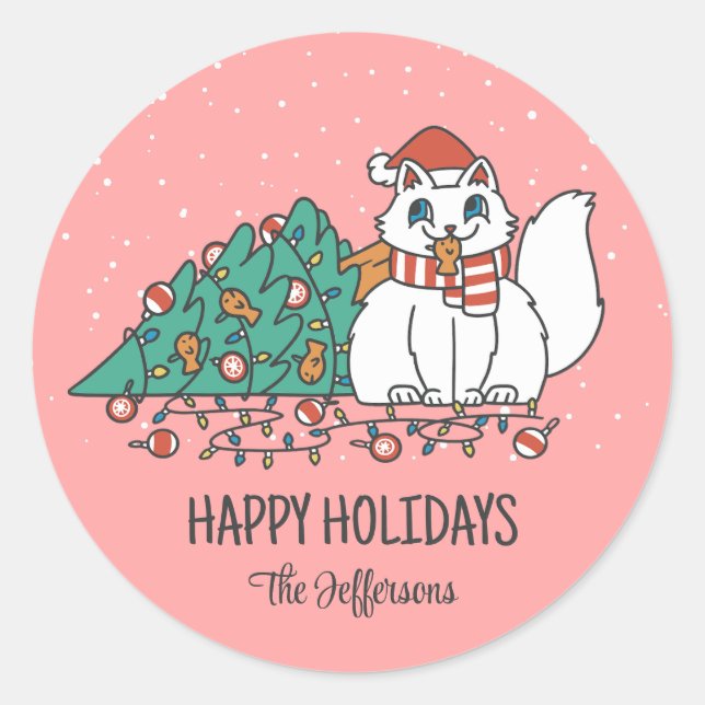 Niedlicher Cat Weihnachtsbaum Schnee Winterurlaub Runder Aufkleber (Vorderseite)