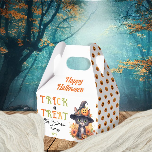 Niedlicher Cat Witz Trick oder Treat Halloween Geschenkschachtel (Cute Black Cat in a Witches Hat "Trick or Treat" "Happy Halloween" Treat Favor Boxes)
