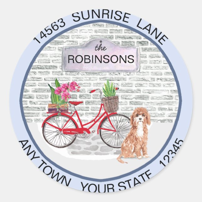 Niedlicher Cavapoo Dog Moving Bicycle Neue Adresse Runder Aufkleber (Vorderseite)