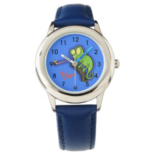Niedlicher Chamäleon, der eine Bug-Cartoon-Uhr fän Armbanduhr