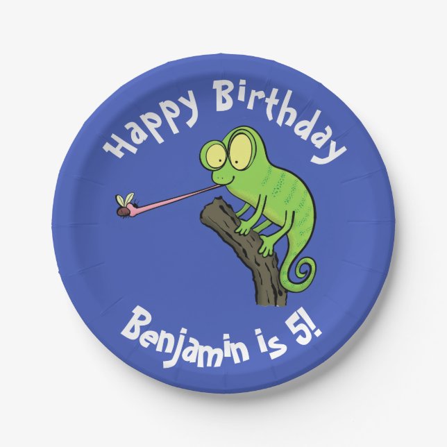 Niedlicher Chamäleon, der einen Bug-Cartoon fängt Pappteller (Vorderseite)