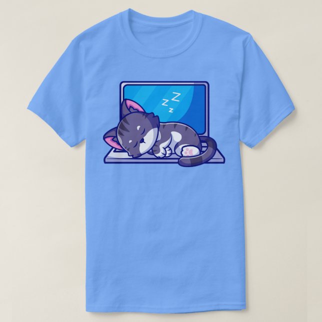 Niedlicher Chat-Schlaf auf Laptop-Cartoon T-Shirt (Design vorne)