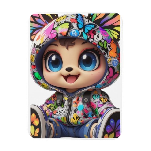 Niedlicher Chibi-Bär in Graffiti Butterfly Hoodie  Magnet (Vertikal)