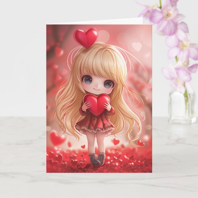Niedlicher Chibi Blonde mit Herz Karte (Orchidee)