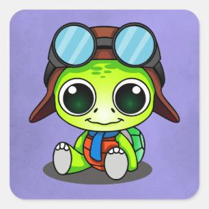 Niedlicher Chibi Cartoon Turtle in Aviator Hat Quadratischer Aufkleber