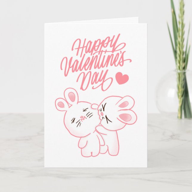 Niedlicher Chibi Couple Rabbit Happy Valentines Da Karte (Vorderseite)