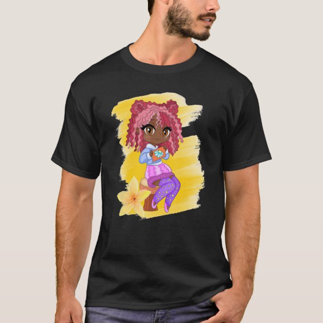 Niedlicher Chibi Gacha Stil Mode Braun Girl mit Fl T-Shirt (Vorderseite)
