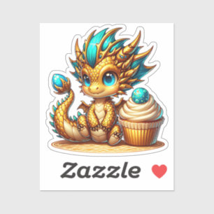 Niedlicher Chibi Gold und Blauer Drache mit Cupcak Aufkleber