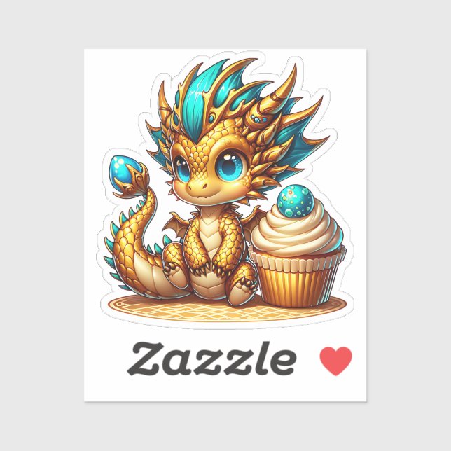 Niedlicher Chibi Gold und Blauer Drache mit Cupcak Aufkleber (Blatt)