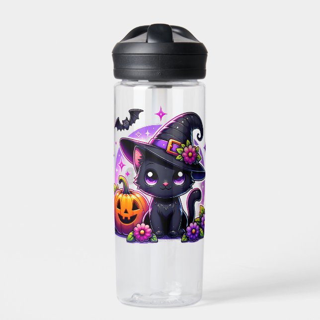Niedlicher Chibi Halloween Black Cat und Pumpkin Trinkflasche (Vorderseite)