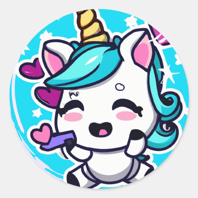 Niedlicher Chibi Kawaii Unicorn Runder Aufkleber (Vorderseite)