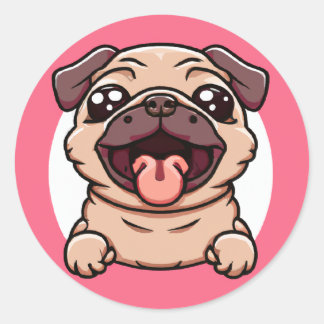 Niedlicher Chibi-Mops, der sich durch Loch ausbrei Runder Aufkleber