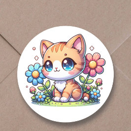 Niedlicher Chibi Orange Kitty Cat in rosa Blume Runder Aufkleber