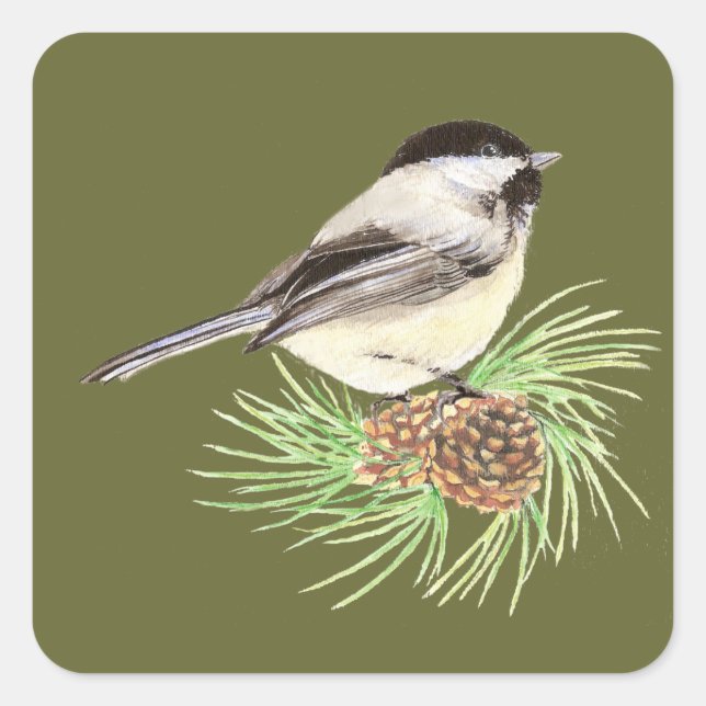 Niedlicher Chickadee Bird, Natur, Wildnis, Tier Quadratischer Aufkleber (Vorderseite)
