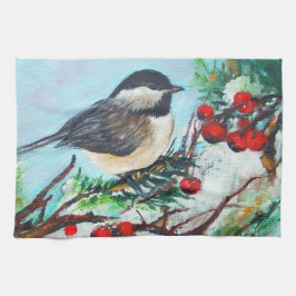 Niedlicher Chickadee-Vogel mit Berries am Zweig Geschirrtuch