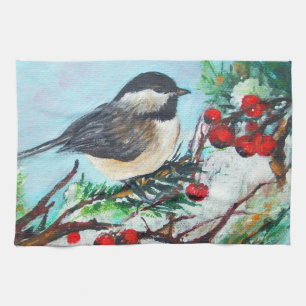 Niedlicher Chickadee-Vogel mit Berries am Zweig Geschirrtuch