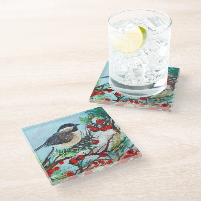 Niedlicher Chickadevogel mit Berries Glasuntersetzer (Schrägansicht)