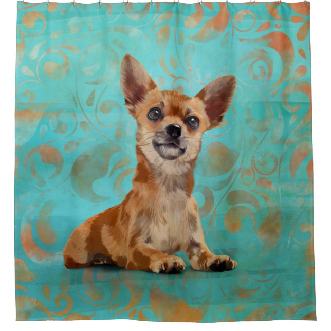 Niedlicher Chihuahua auf Paisley Pattern Duschvorhang (Vorderseite)