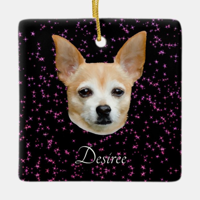 Niedlicher Chihuahua Hund Lila Eleganter Glitzer Keramikornament (Vorderseite)