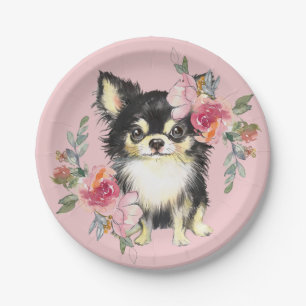 Niedlicher Chihuahua Welpe und Blume Wasserfarben  Pappteller