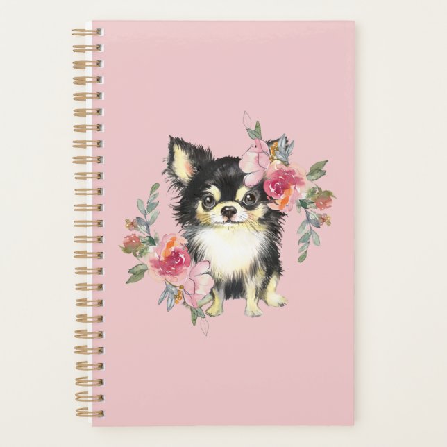 Niedlicher Chihuahua Welpe und Blume Wasserfarben  Planer (Vorderseite)