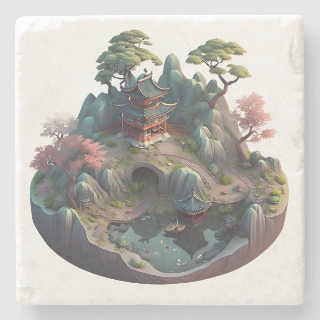 Niedlicher chinesischer Fantasie-3D-Landschaftsste Steinuntersetzer (Vorderseite)