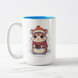 Niedlicher Chipmunk, für den Winter mit einem heiß Zweifarbige Tasse