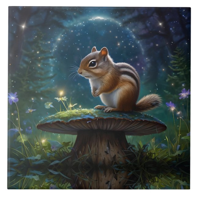 Niedlicher Chipmunk im Mushroom bei Mondlicht Fliese (Vorderseite)
