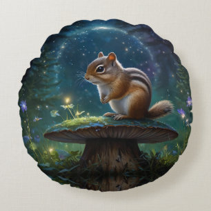 Niedlicher Chipmunk im Mushroom bei Mondlicht Rundes Kissen