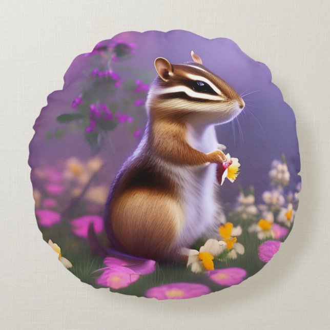Niedlicher Chipmunk in Blume Rundes Kissen (Vorderseite)