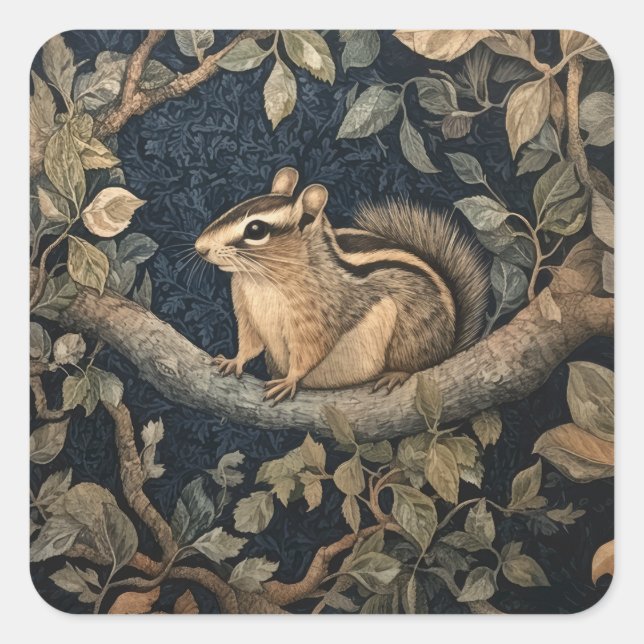 Niedlicher Chipmunk in William Morris Style Forest Quadratischer Aufkleber (Vorderseite)