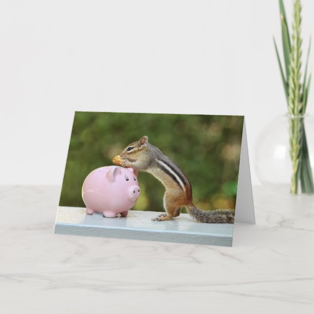 Niedlicher Chipmunk mit dem Funny Money Piggy Bank Karte (Vorderseite)